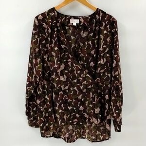 belle by Kim Gravel blouse faux wrap size large green tan brown long sleeve